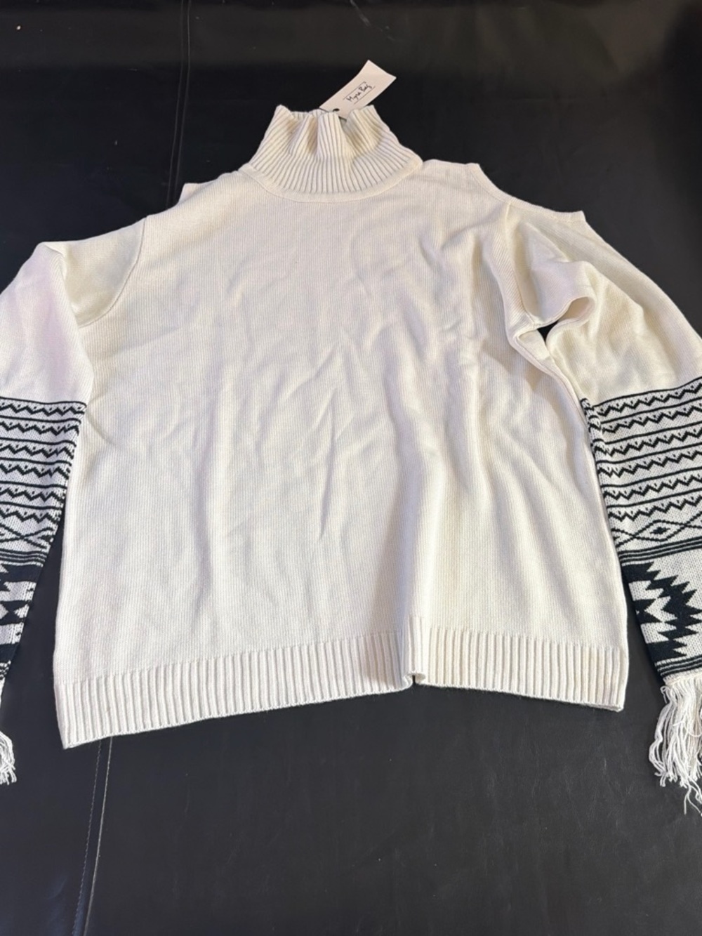 Myra Bag White Turtleneck Sweater with Black Patterned Sleeves